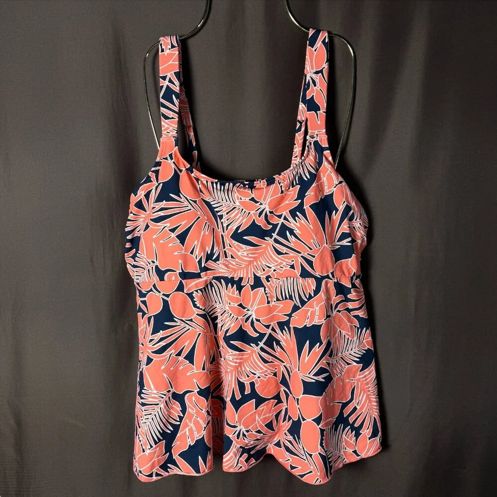 Lands' End Women's XS Flutter Scoop Neck Tankini Top Wood Lily / Navy Floral  Pl